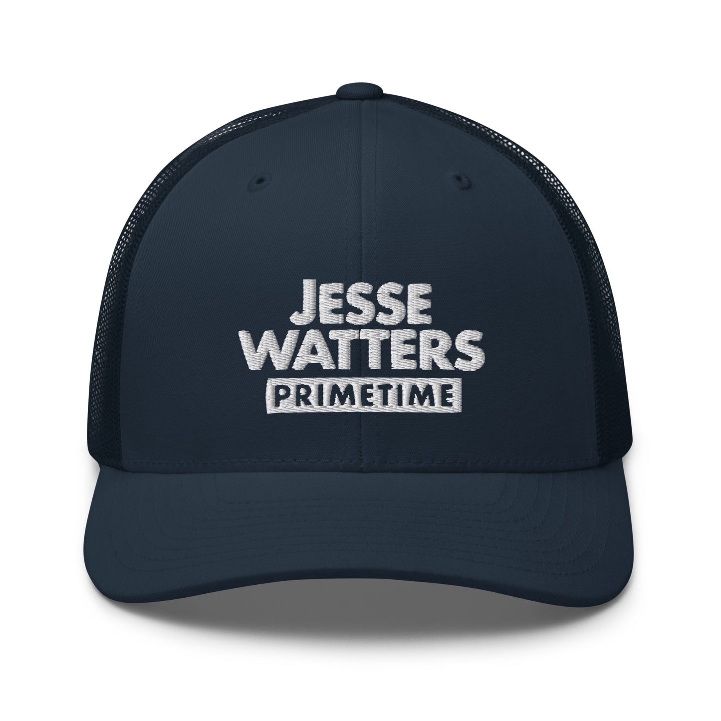 A patriotic viewer wearing the Jesse Watters Primetime retro trucker hat during a sunny backyard morning coffee setting.