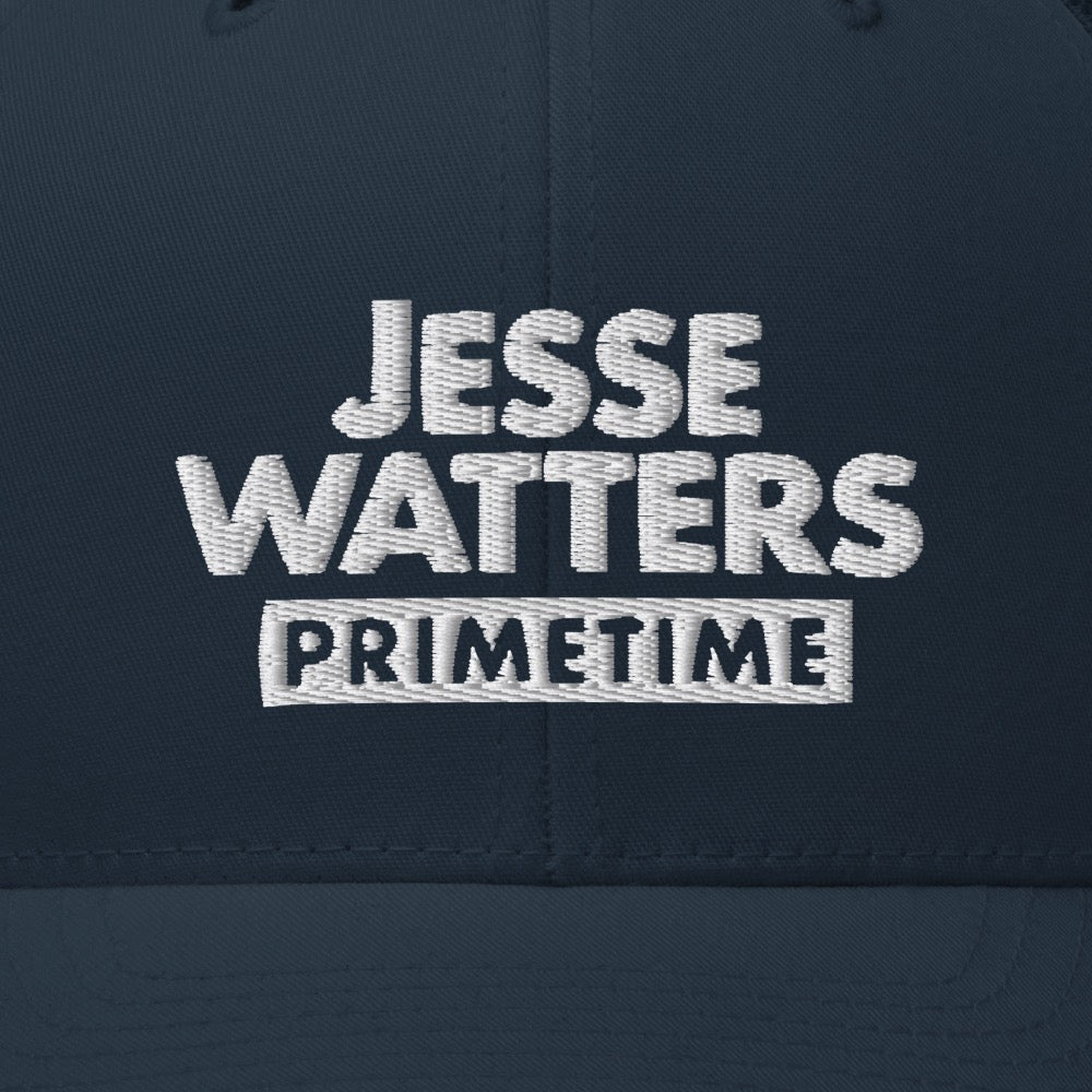 Close-up of the crisp embroidered Jesse Watters Primetime logo on the structured front panel of the trucker hat.