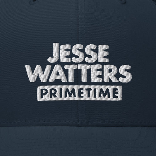 Close-up of the crisp embroidered Jesse Watters Primetime logo on the structured front panel of the trucker hat.