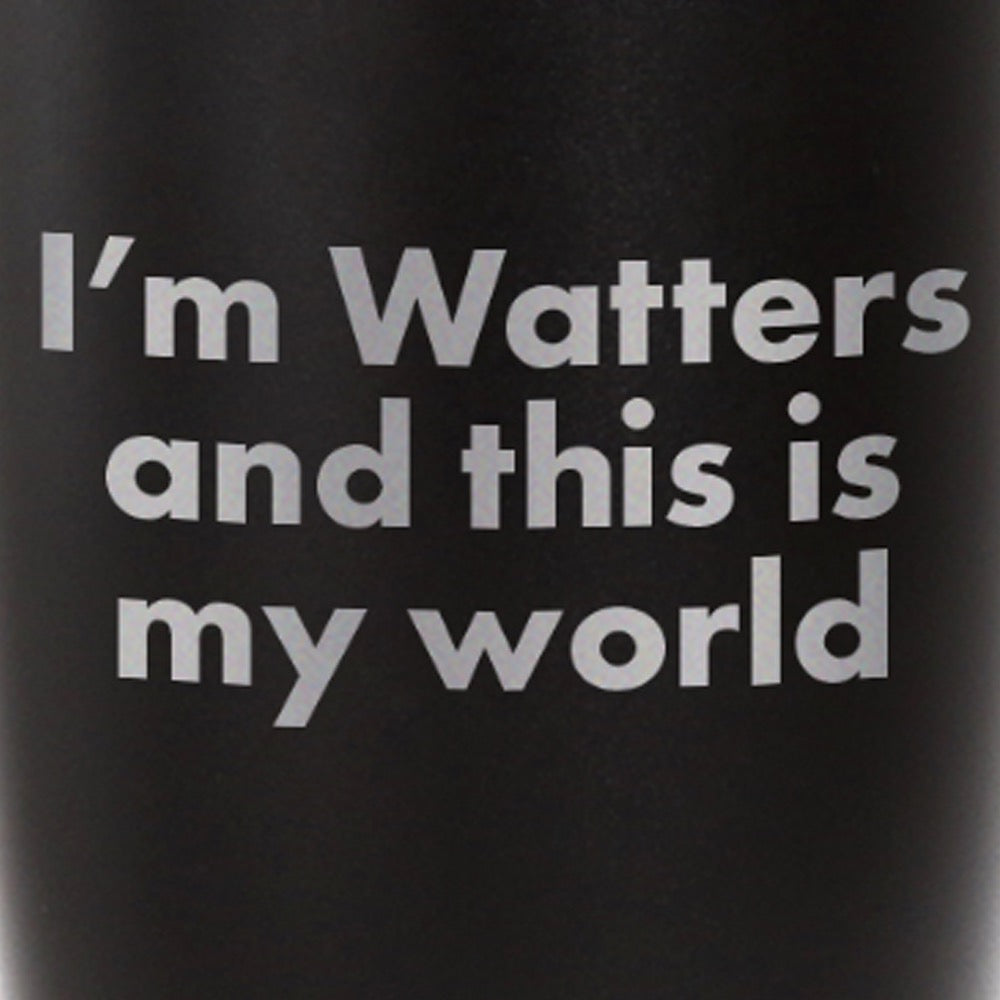 Close-up view of the Matte Black Jesse Watters Primetime logo tumbler, showcasing the sharp and clear FOX News show insignia.