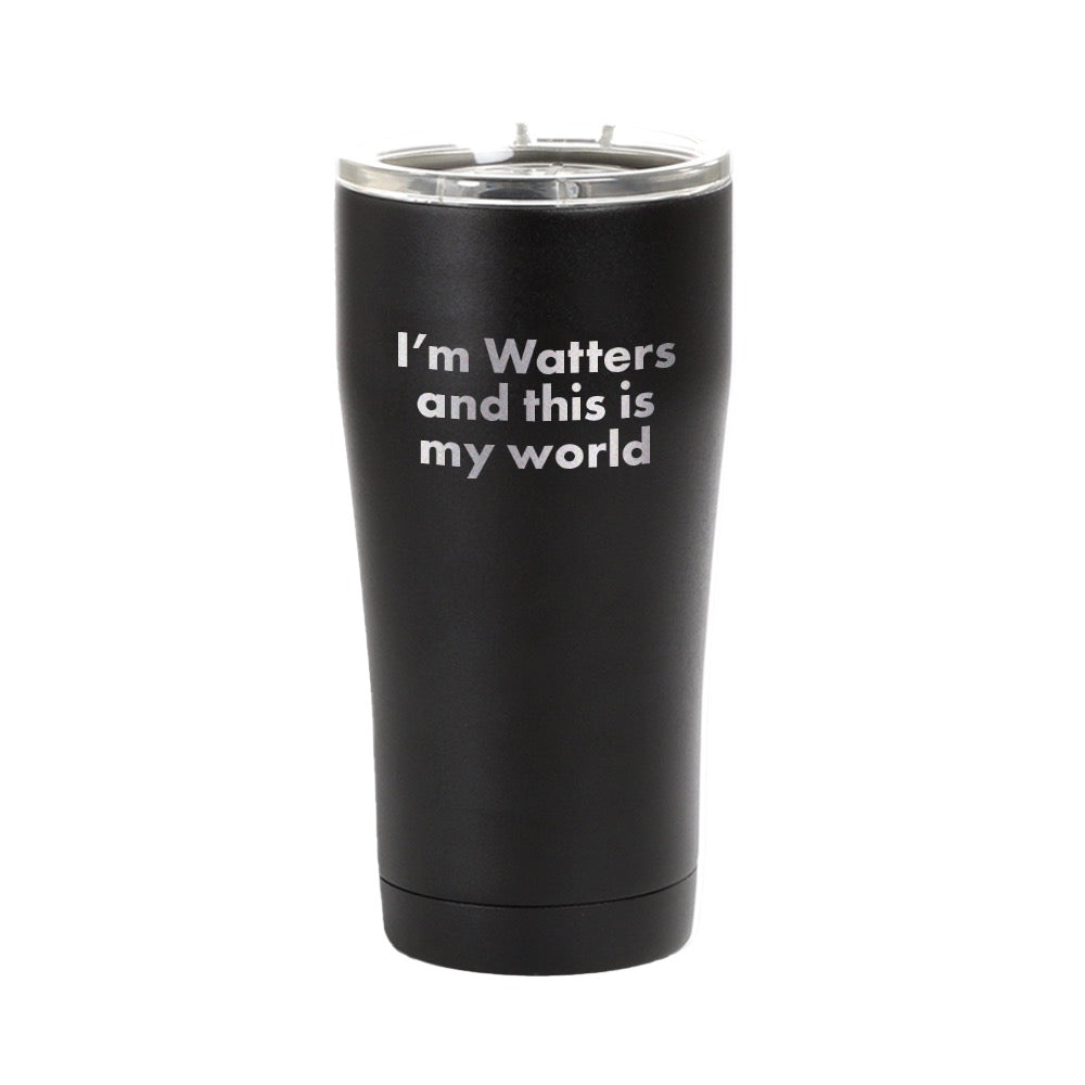 An outdoor morning coffee setting on a suburban patio table with the Jesse Watters Primetime tumbler filled and ready.