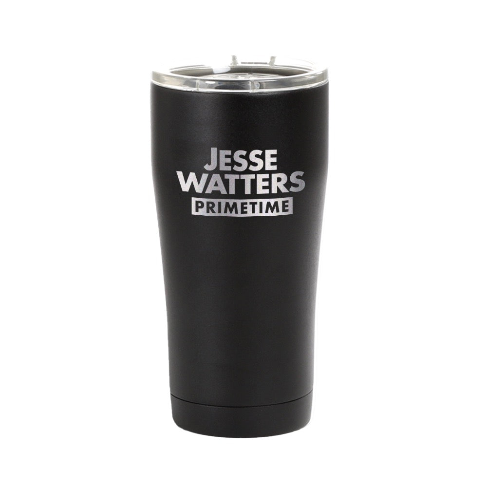 A modern American living room setting with a sleek Matte Black Jesse Watters Primetime logo tumbler resting on a wooden coffee table.
