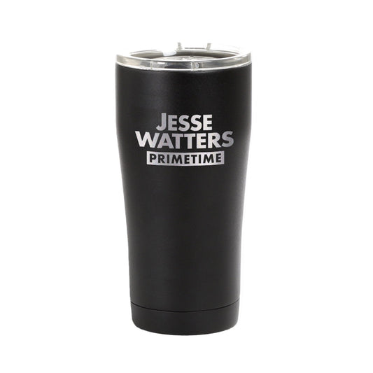 A modern American living room setting with a sleek Matte Black Jesse Watters Primetime logo tumbler resting on a wooden coffee table.