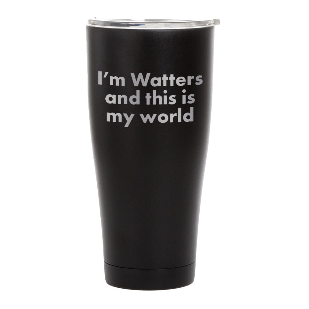 Studio product shot of the Jesse Watters Primetime logo tumbler against a neutral background, emphasizing its durable matte finish.