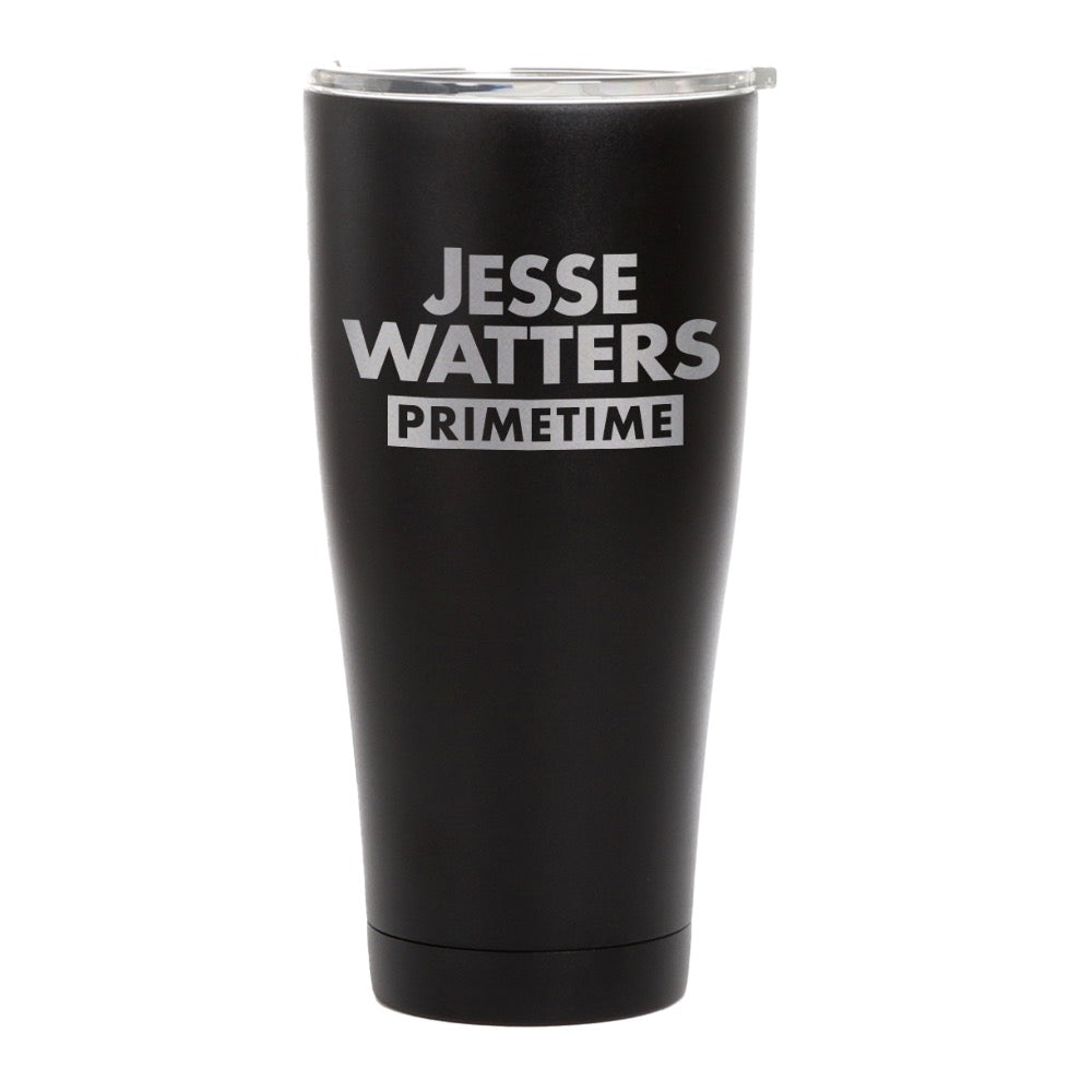 A tidy office desk setup featuring the insulated Jesse Watters Primetime tumbler beside a laptop and notepad.
