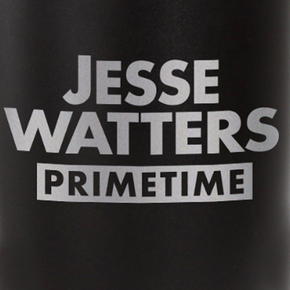 A clean kitchen countertop featuring the Matte Black Jesse Watters Primetime logo tumbler, highlighting its crisp white program branding.