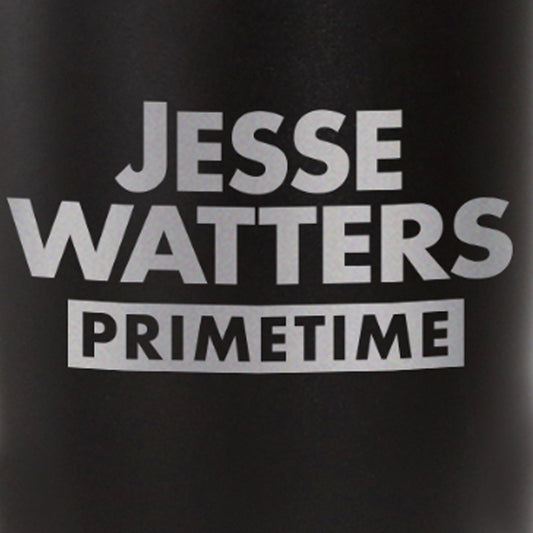 A clean kitchen countertop featuring the Matte Black Jesse Watters Primetime logo tumbler, highlighting its crisp white program branding.