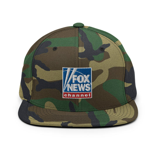 A structured FOX News snapback hat featuring a green camo pattern and high-quality logo embroidery on a clean background.