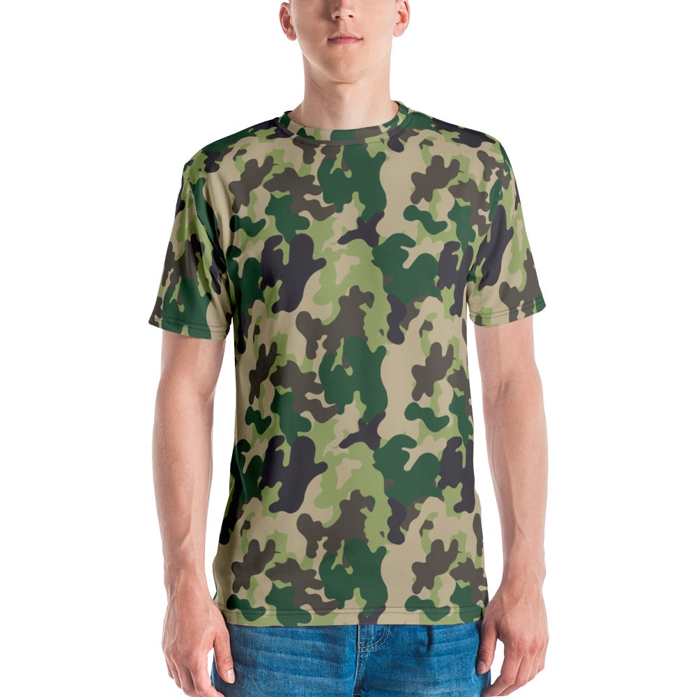 A patriotic viewer wearing the FOX News camo t-shirt during a sunny backyard morning coffee setting.