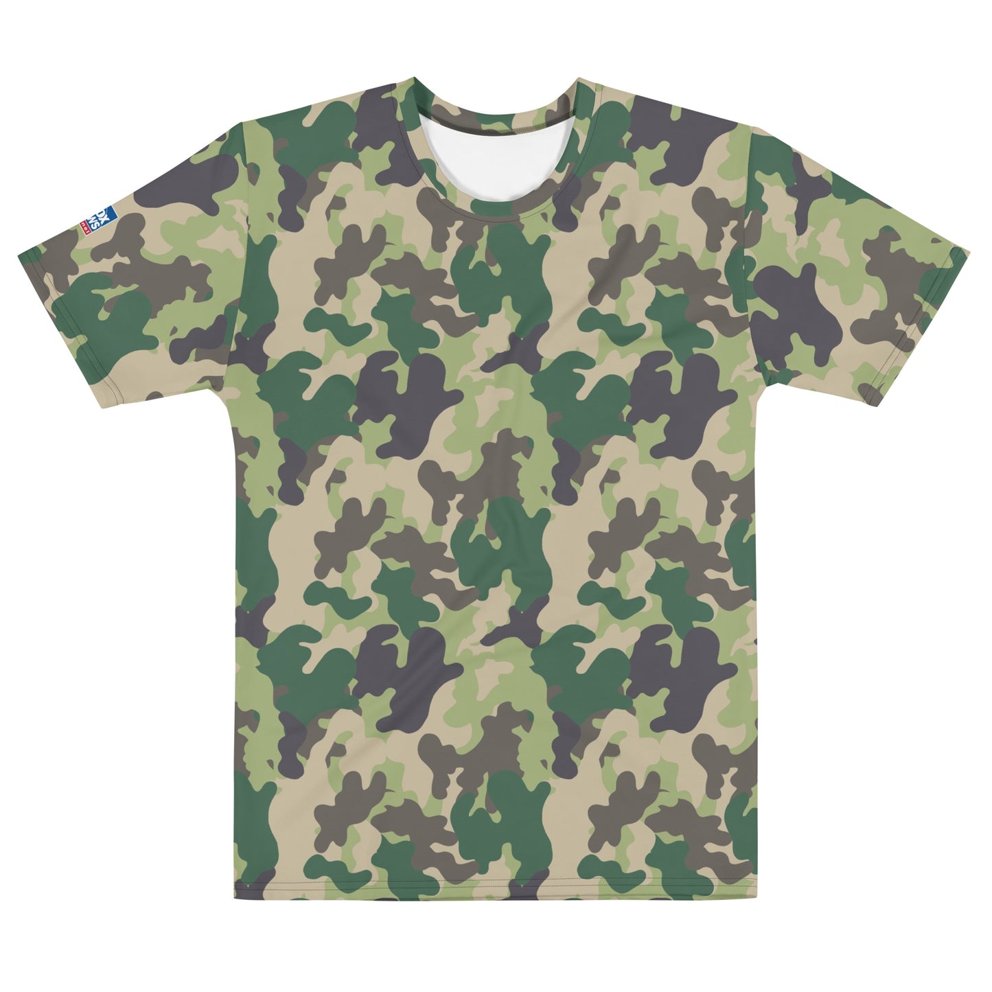 A proud American man wearing the FOX News Camo Short Sleeve T-Shirt in a clean, modern suburban living room.