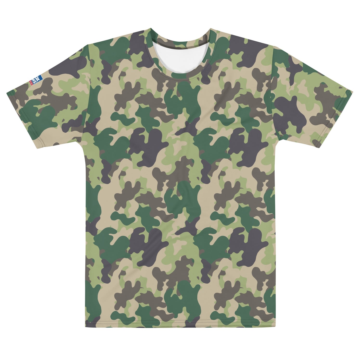 A proud American man wearing the FOX News Camo Short Sleeve T-Shirt in a clean, modern suburban living room.