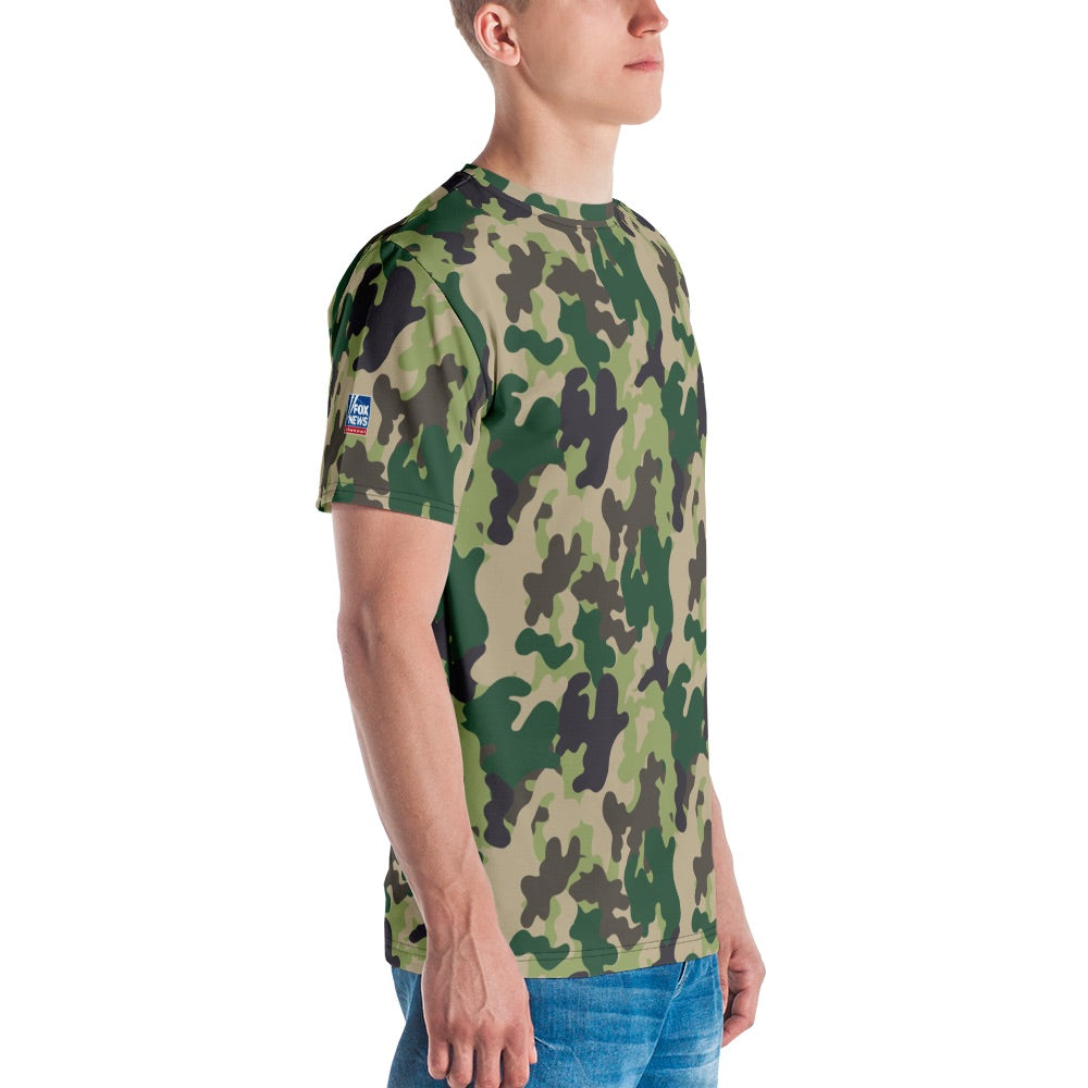 A patriotic citizen wearing the FOX News short sleeve tee outdoors on a bright American afternoon.