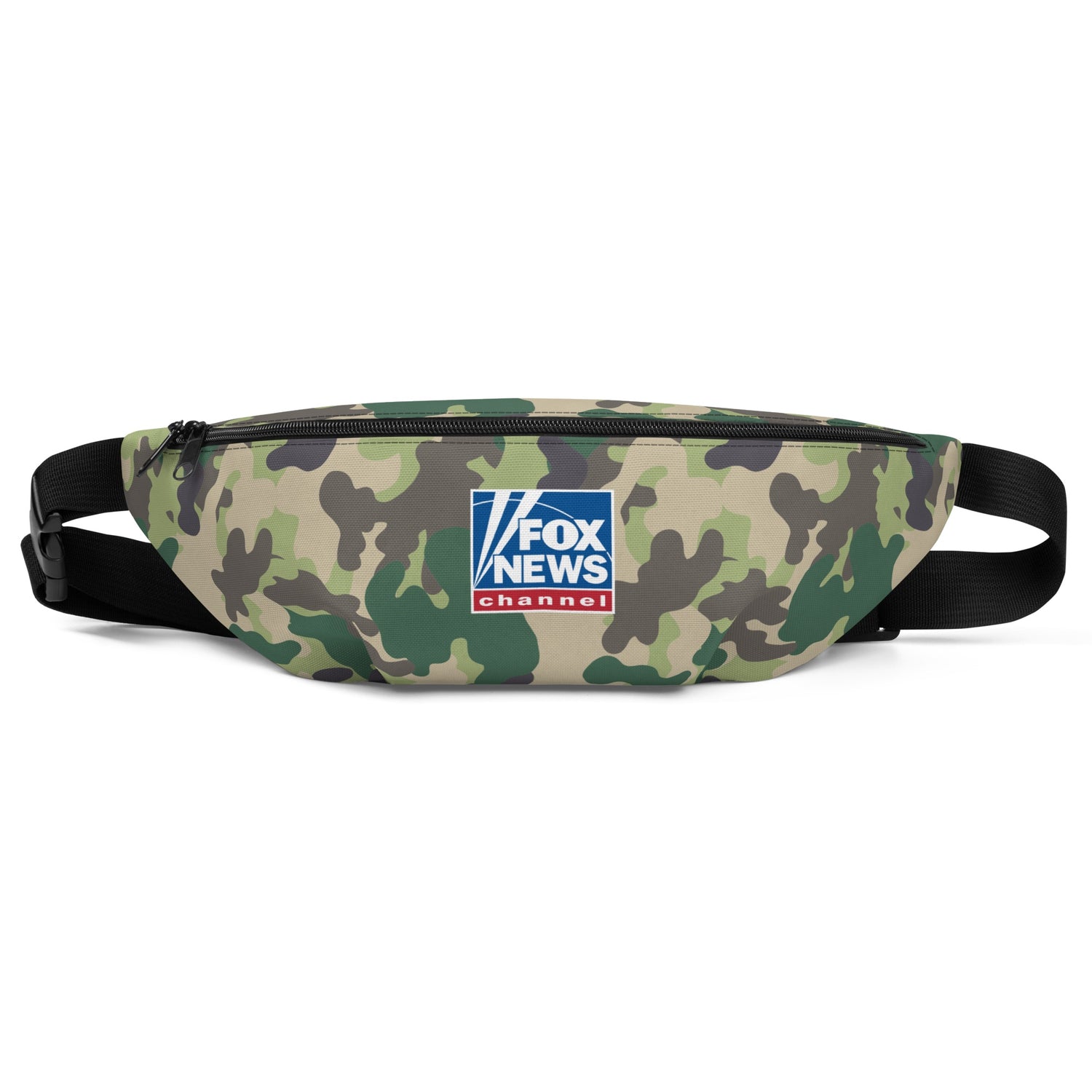 A modern American living room setting featuring the FOX News Camo Fanny Pack resting on a rustic wooden table.