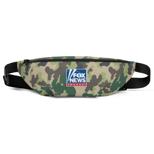 A modern American living room setting featuring the FOX News Camo Fanny Pack resting on a rustic wooden table.