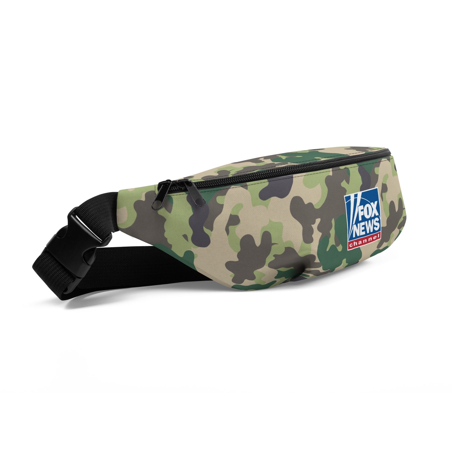 The FOX News Camo Fanny Pack shown worn by an everyday American patriot in a comfortable suburban setting.