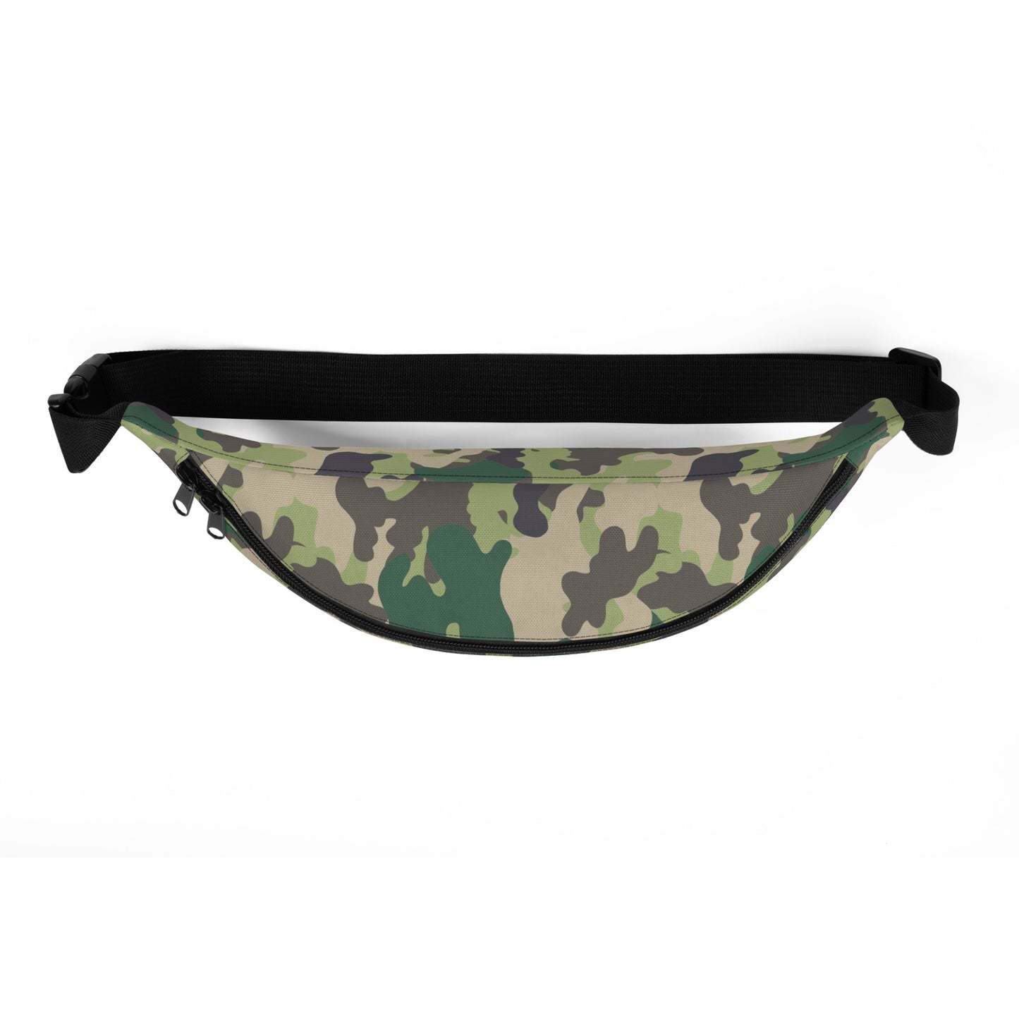 Close-up shot of the FOX News Camo Fanny Pack showing the rugged camouflage pattern and durable zipper details.