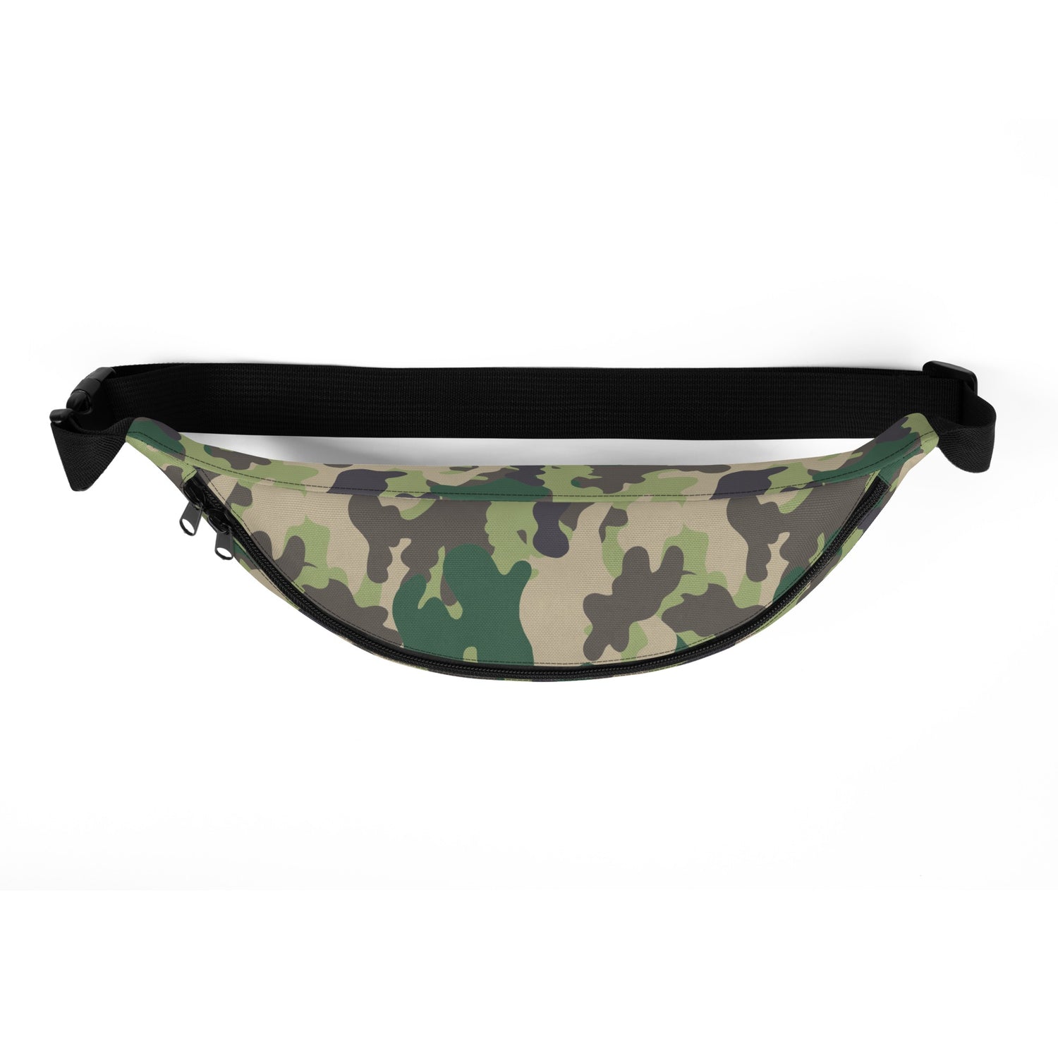 Close-up shot of the FOX News Camo Fanny Pack showing the rugged camouflage pattern and durable zipper details.