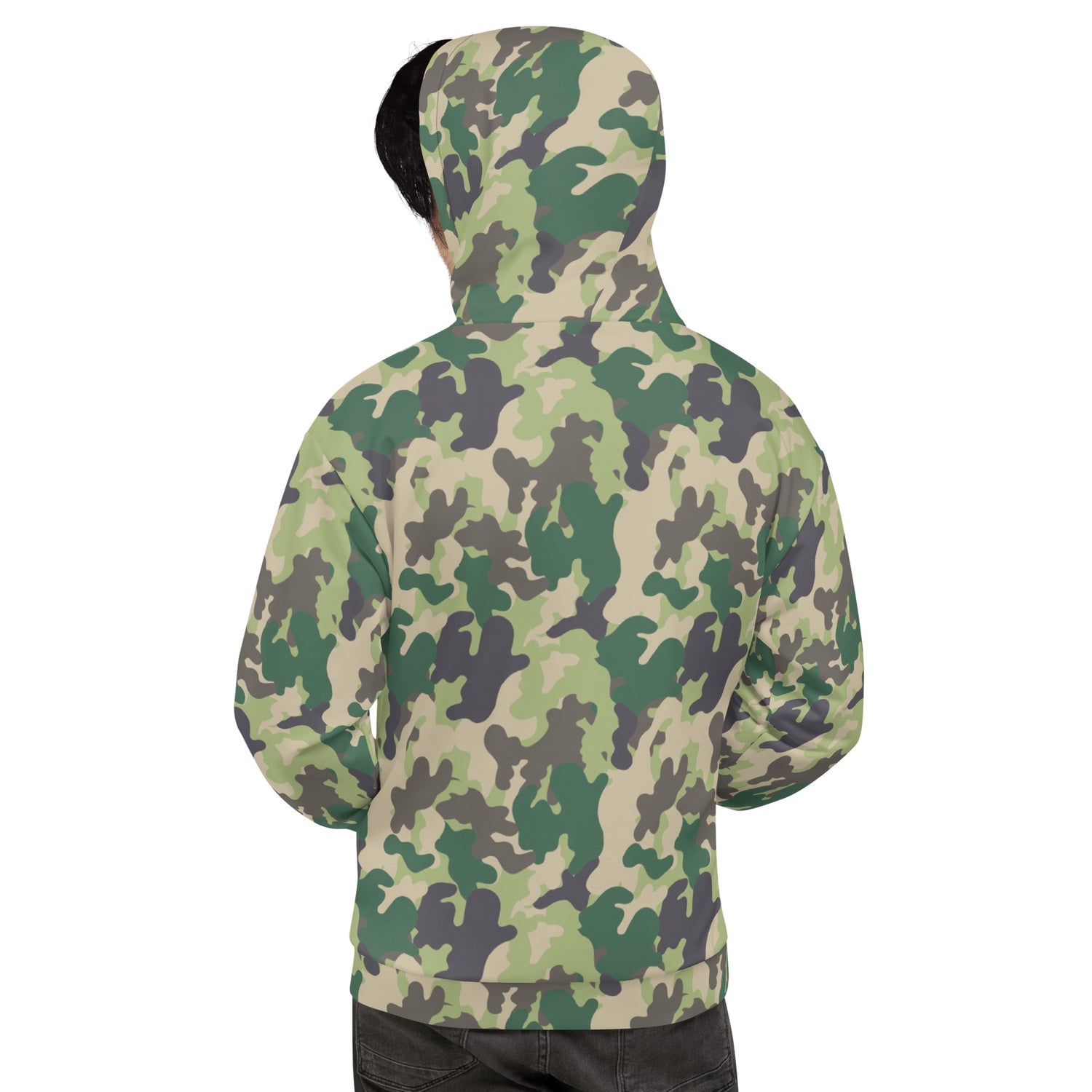 Side profile of the camo sweatshirt highlighting the hood and soft fabric texture.