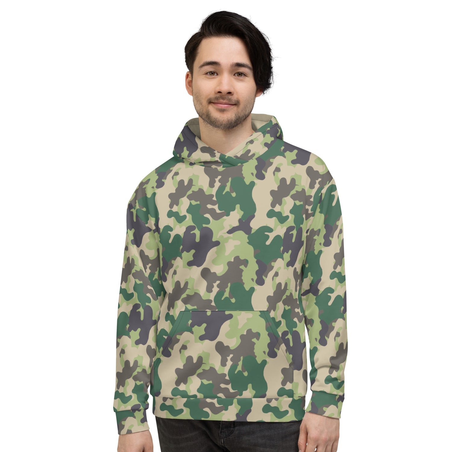 Close-up of the official FOX News logo printed clearly on the chest of the camo hooded sweatshirt.