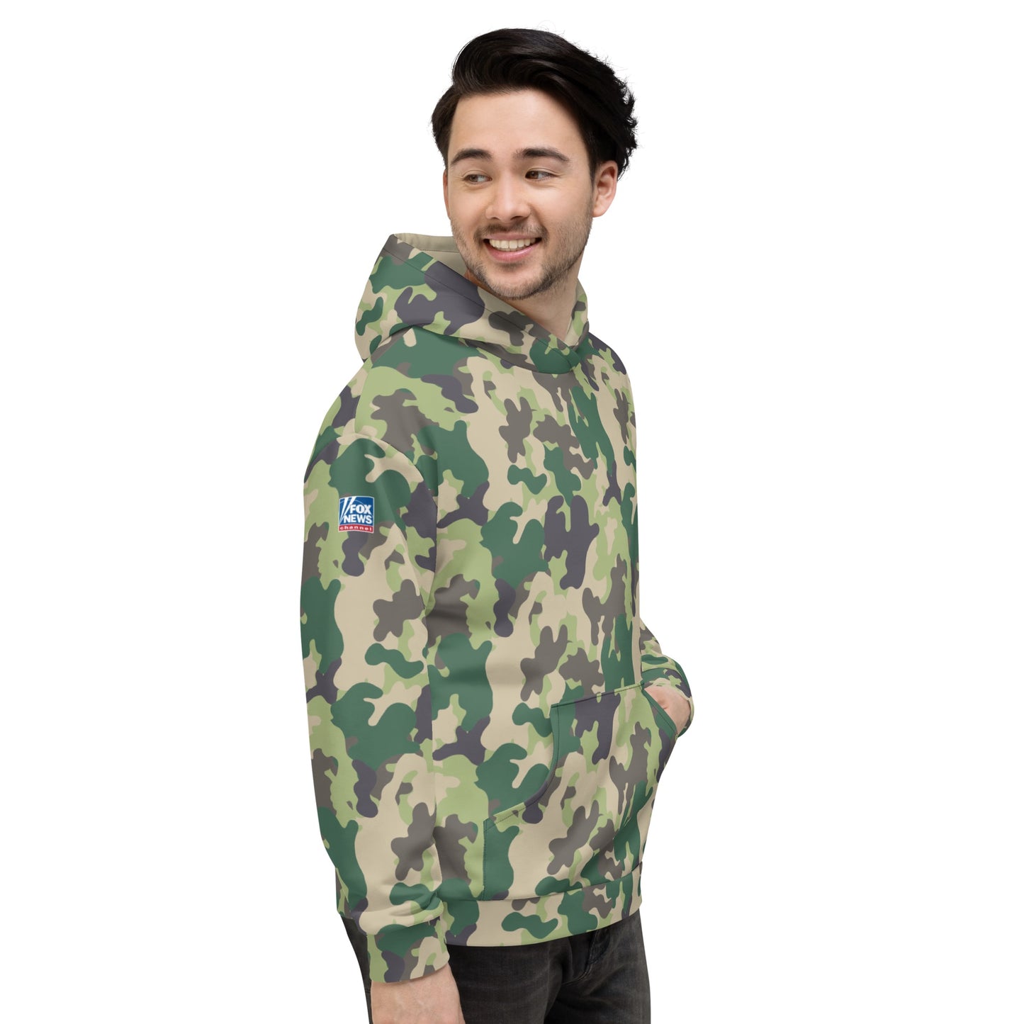 Back view of the hooded sweatshirt showing the consistent camo print design.