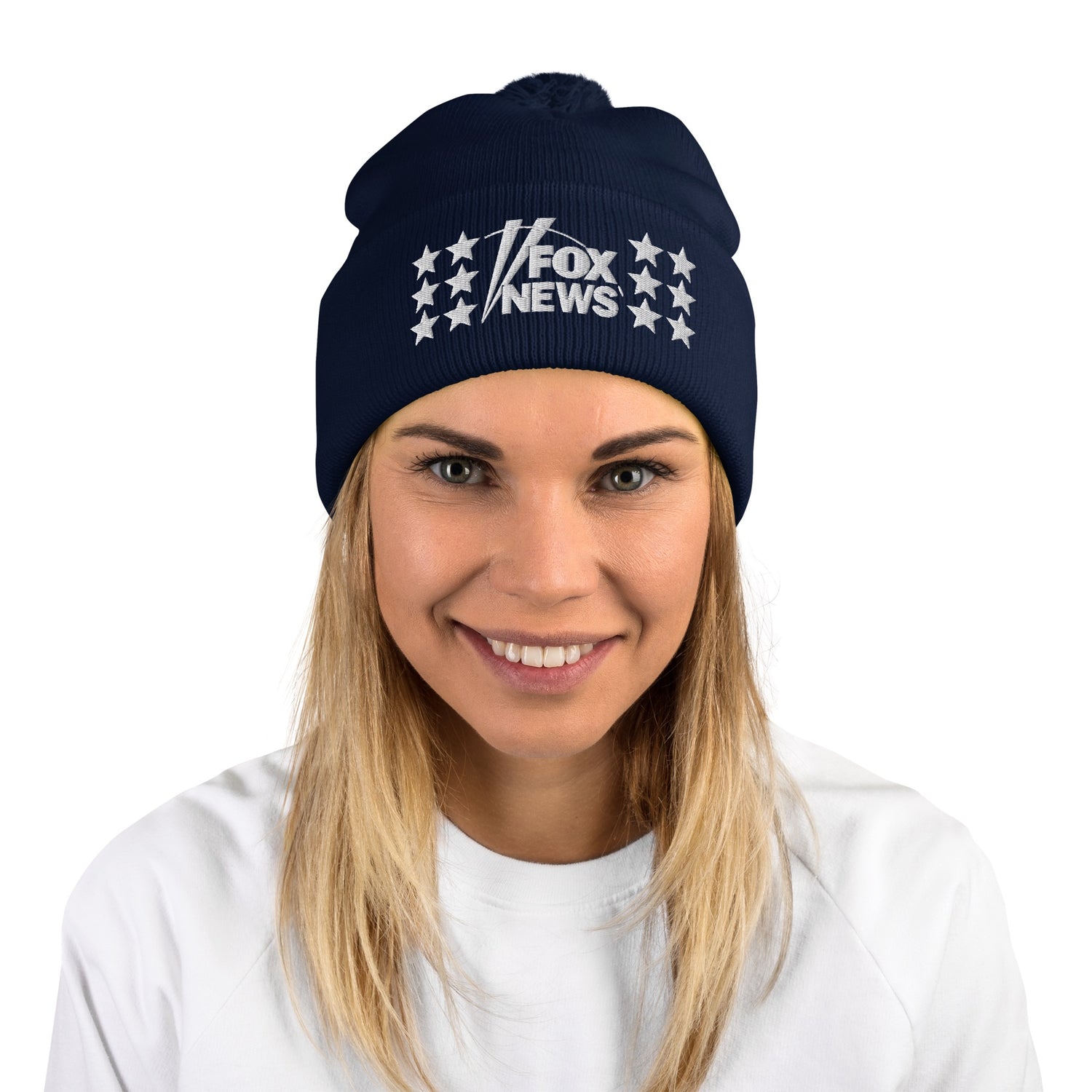 The cuffed portion of the FOX News knit hat showing the high-quality stitching of the network logo.