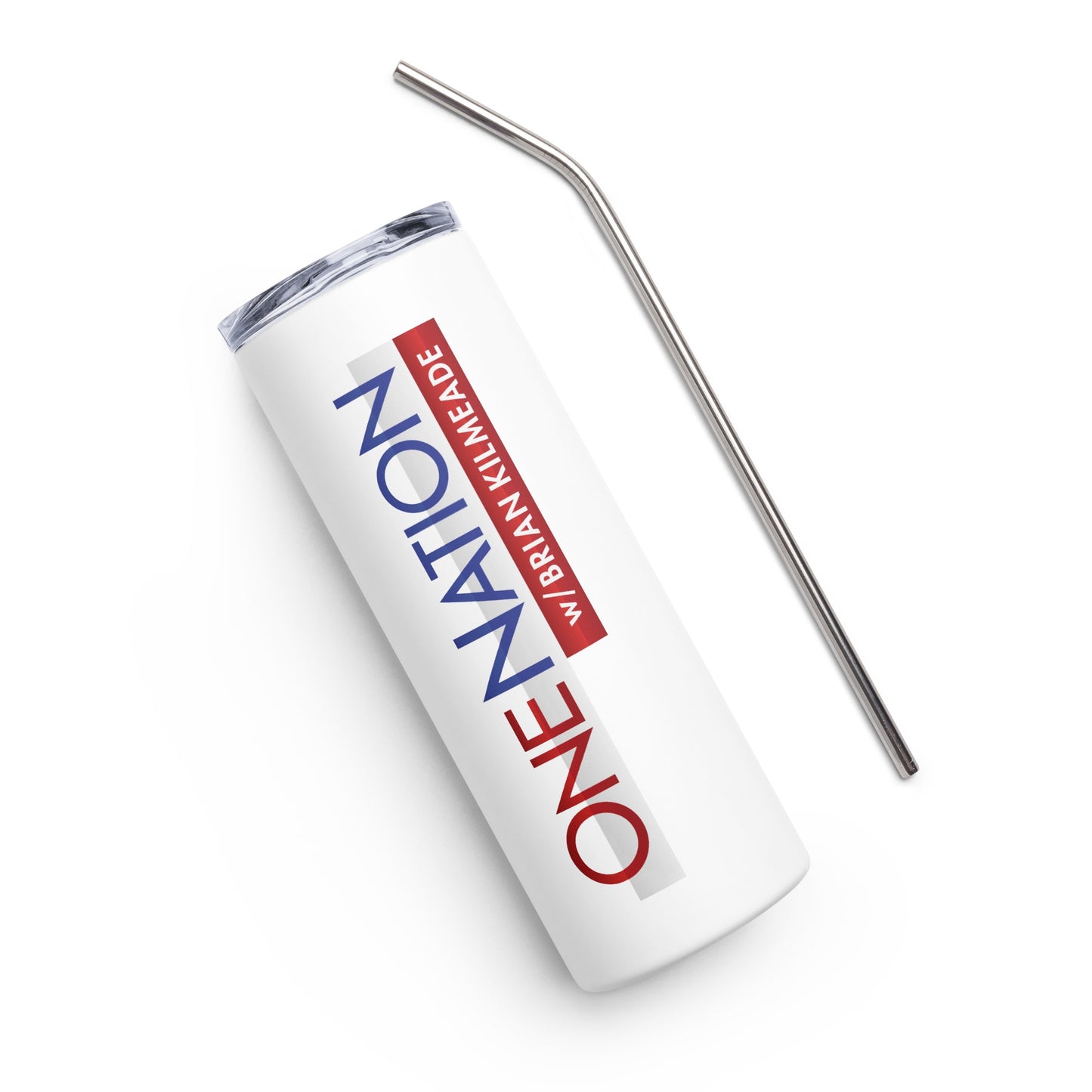 A white 20 oz skinny tumbler featuring the One Nation logo from FOX News displayed in a bright, clean American kitchen setting.