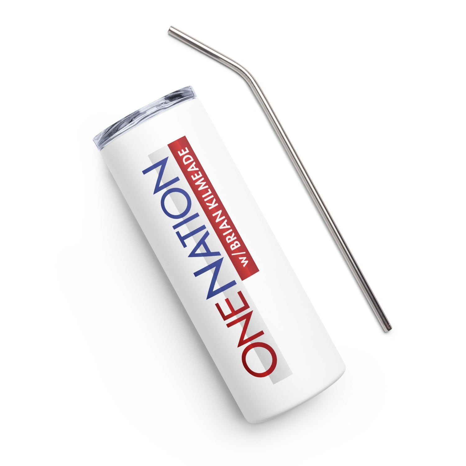 A white 20 oz skinny tumbler featuring the One Nation logo from FOX News displayed in a bright, clean American kitchen setting.