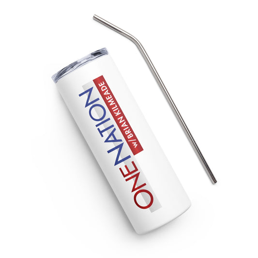 A white 20 oz skinny tumbler featuring the One Nation logo from FOX News displayed in a bright, clean American kitchen setting.