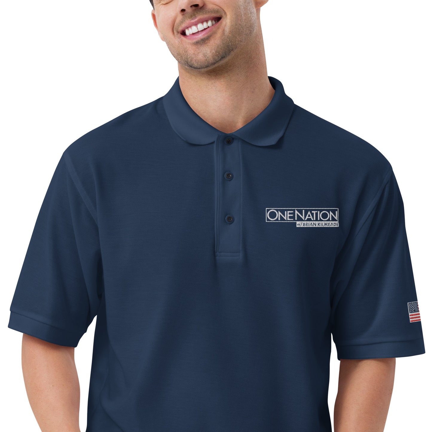 The Red variant of the FOX News One Nation polo shirt displayed in a modern and comfortable American home.