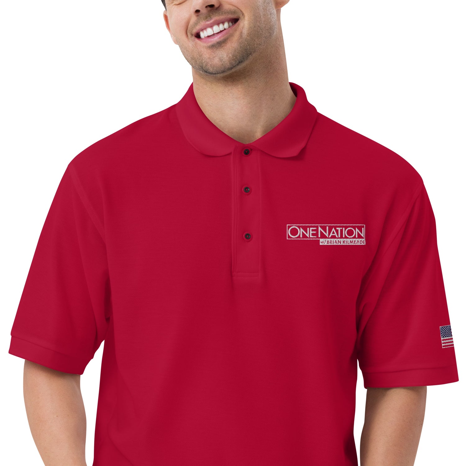 Detail shot of the buttons and collar on the FOX News One Nation embroidered polo shirt.
