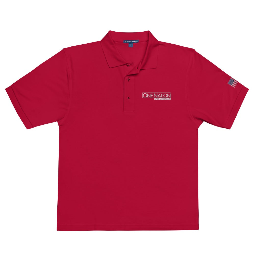 Front view of the Navy FOX News One Nation embroidered polo shirt against a crisp white background.