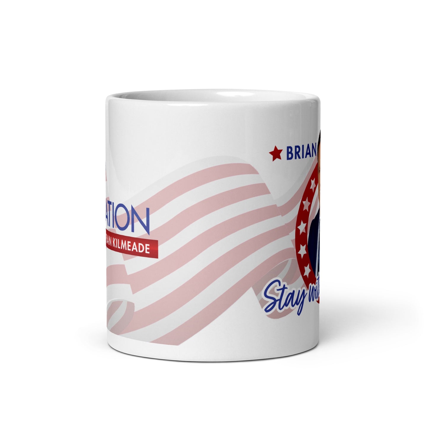 Close up of the FOX News One Nation with Brian Kilmeade logo printed clearly on a high-quality white ceramic mug.