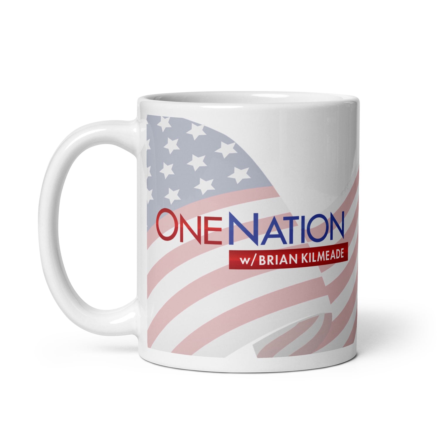 The official FOX News One Nation with Brian Kilmeade White Mug held by a viewer in a comfortable home setting.