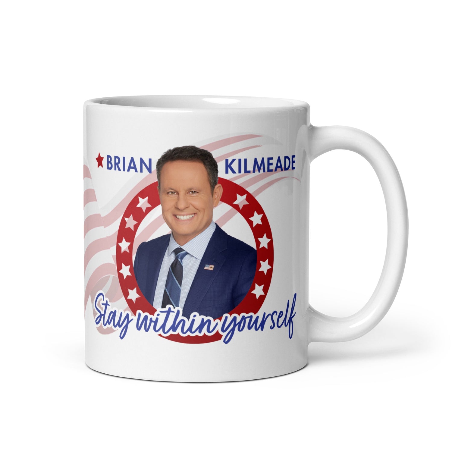 A crisp FOX News One Nation with Brian Kilmeade White Mug sits on a clean American kitchen table during a sunny morning.