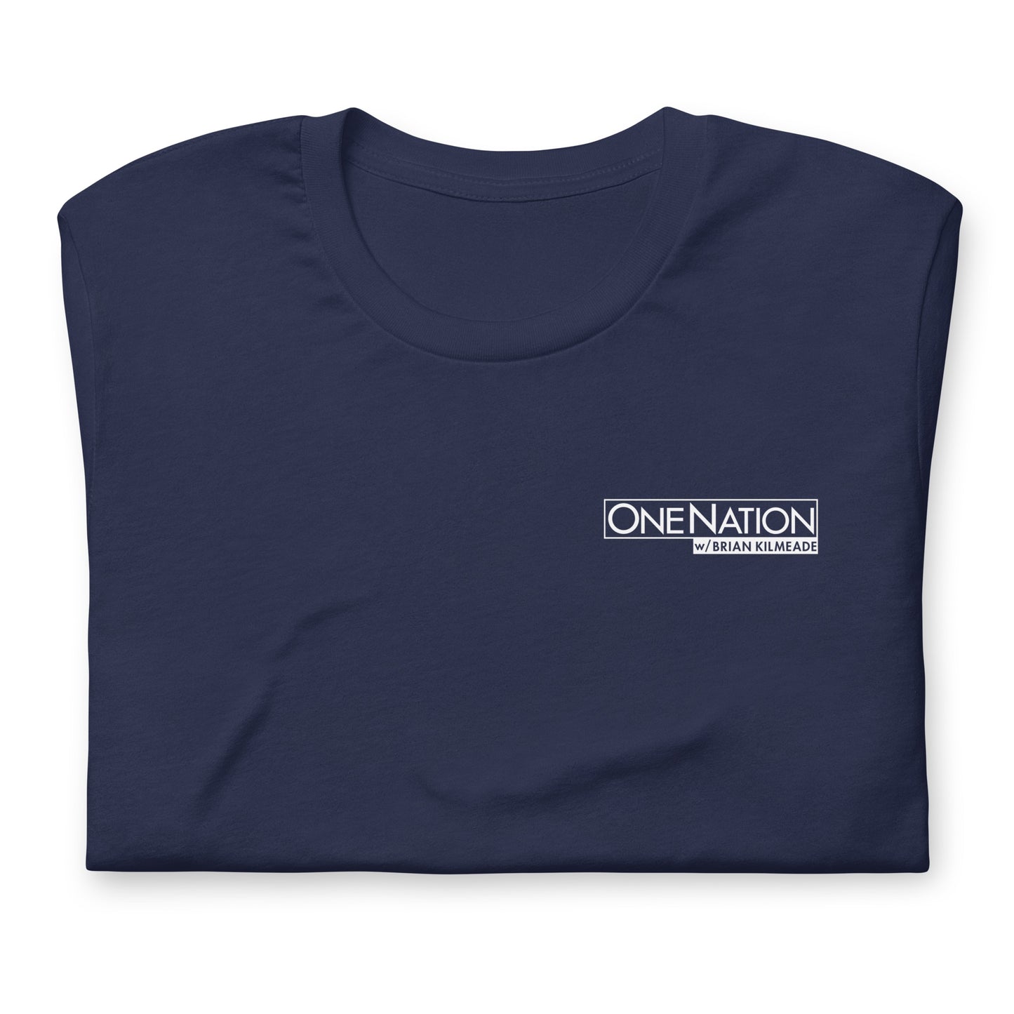 A close-up view of the bold One Nation graphic print on the FOX News T-shirt.