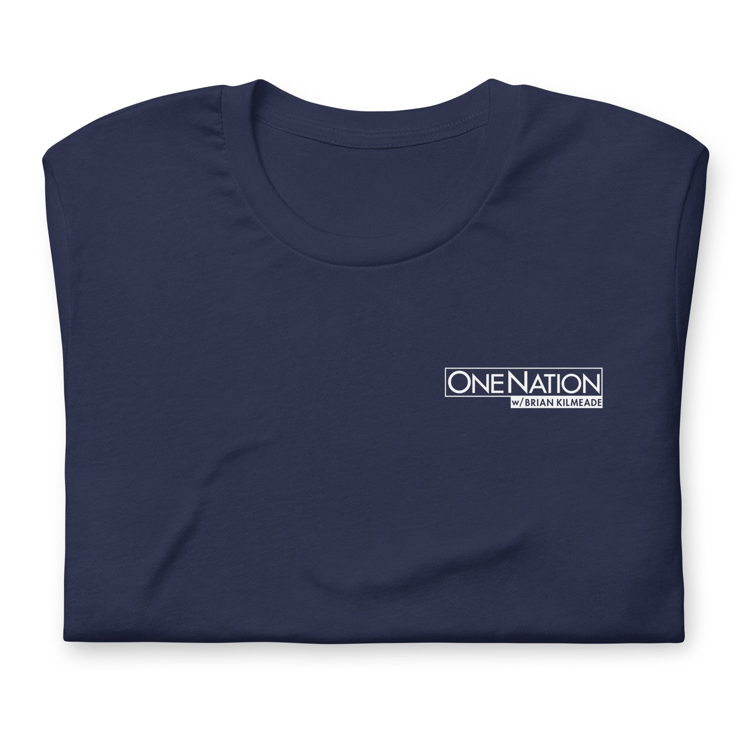 A close-up view of the bold One Nation graphic print on the FOX News T-shirt.