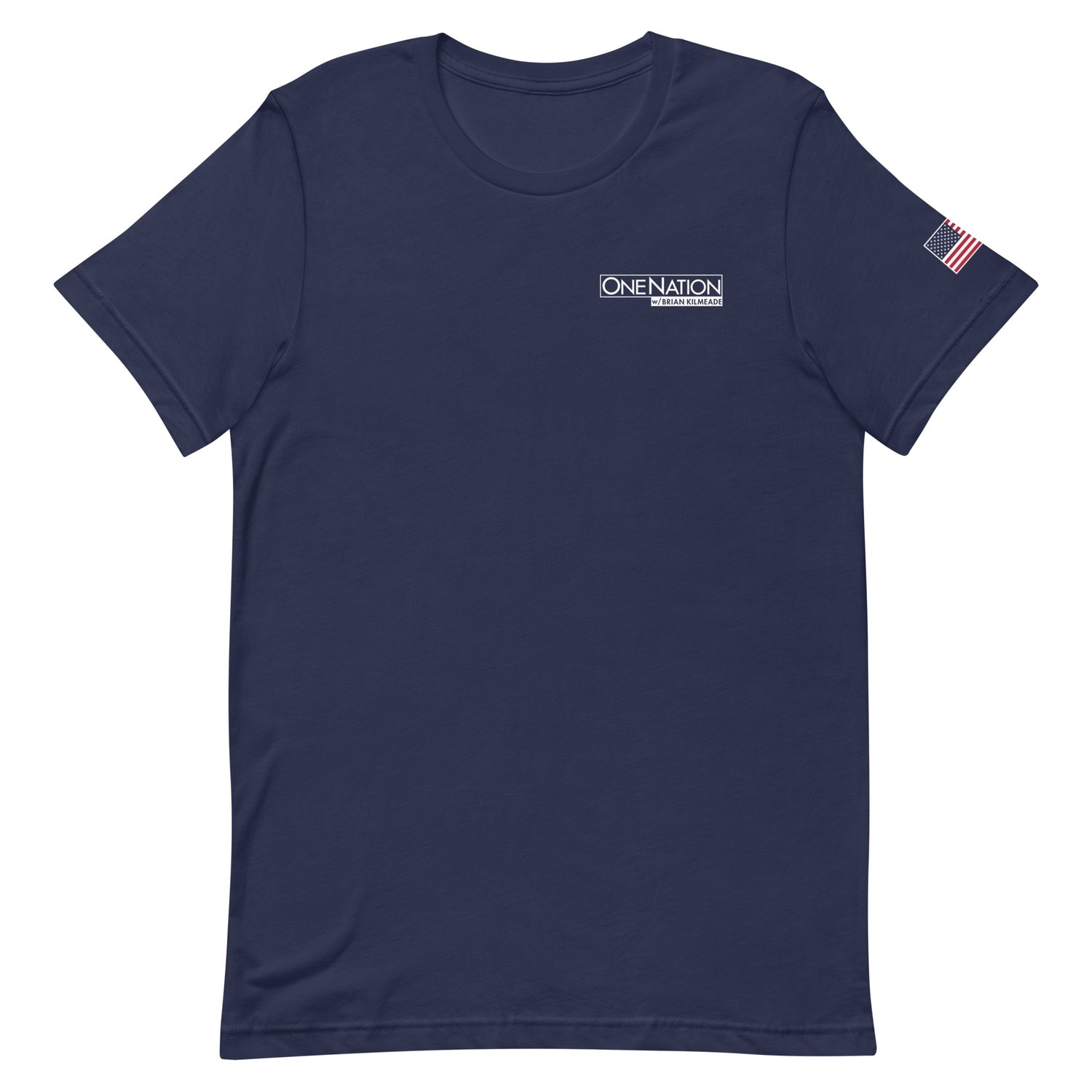 A front view of the FOX News One Nation T-shirt in Navy, displayed cleanly against a modern American living room background.