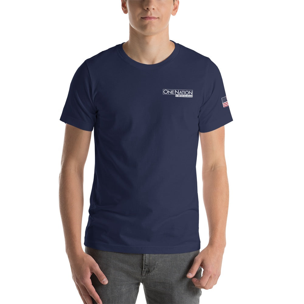 A lifestyle shot of an everyday American wearing the FOX News One Nation T-shirt in a comfortable outdoor setting.