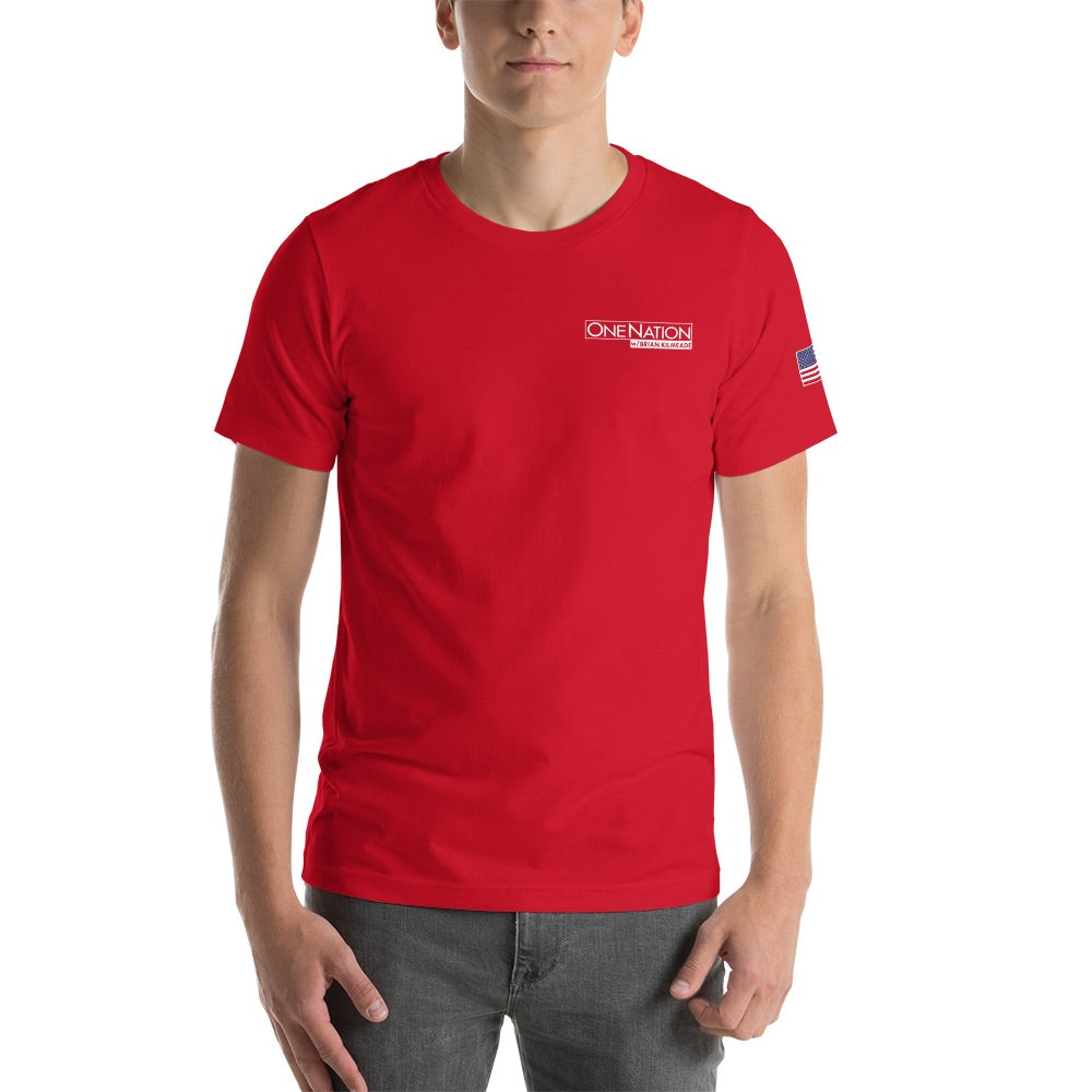 A lifestyle shot featuring the Red color variant of the FOX News One Nation T-shirt.