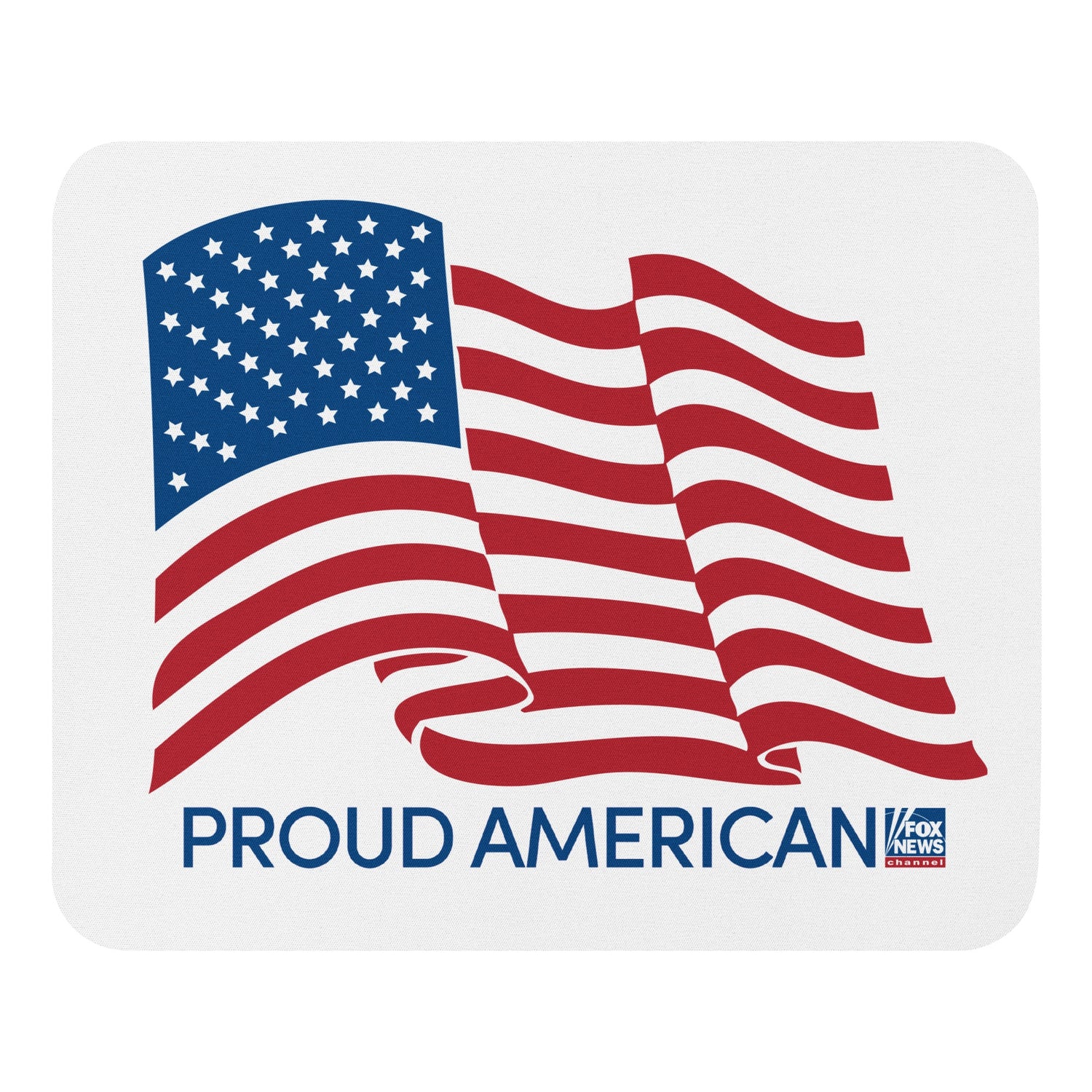 Close-up of the crisp FOX News logo and bold Proud American graphic on a durable white tech accessory.