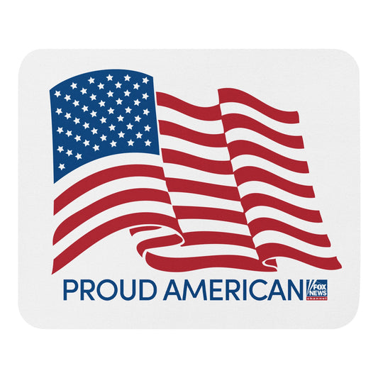 Close-up of the crisp FOX News logo and bold Proud American graphic on a durable white tech accessory.