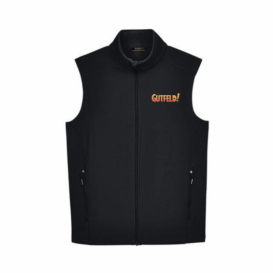 A man in a modern American backyard setting wearing the Gutfeld! Logo Vest over a casual shirt.-0