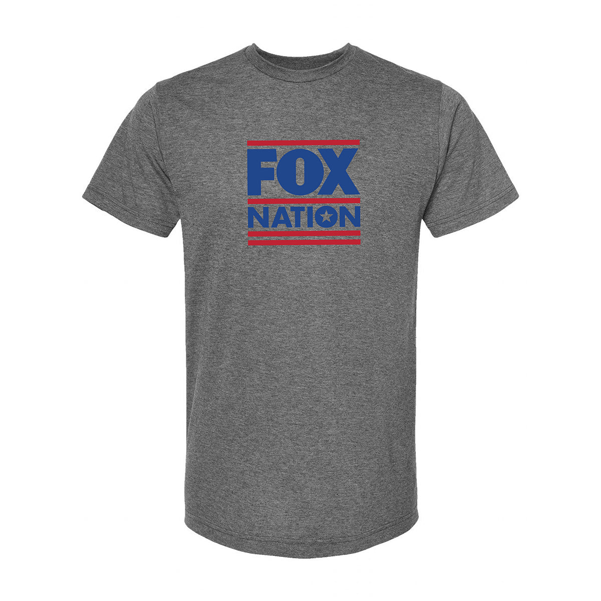 A person wearing the blue FOX Nation crewneck tee during a morning coffee session on a backyard patio, representing the everyday American viewer.